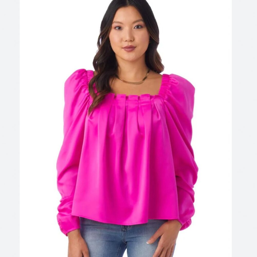 Crosby by Mollie Burch Hot Pink Winnie Puff Sleeve Satin Top Long Sleeve Sz L